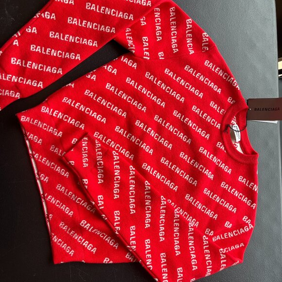 NWT Balenciaga Long Sleeve Knit Top Crewneck Mini Logo Allover Red Wool Blend - Picture 2 of 9
